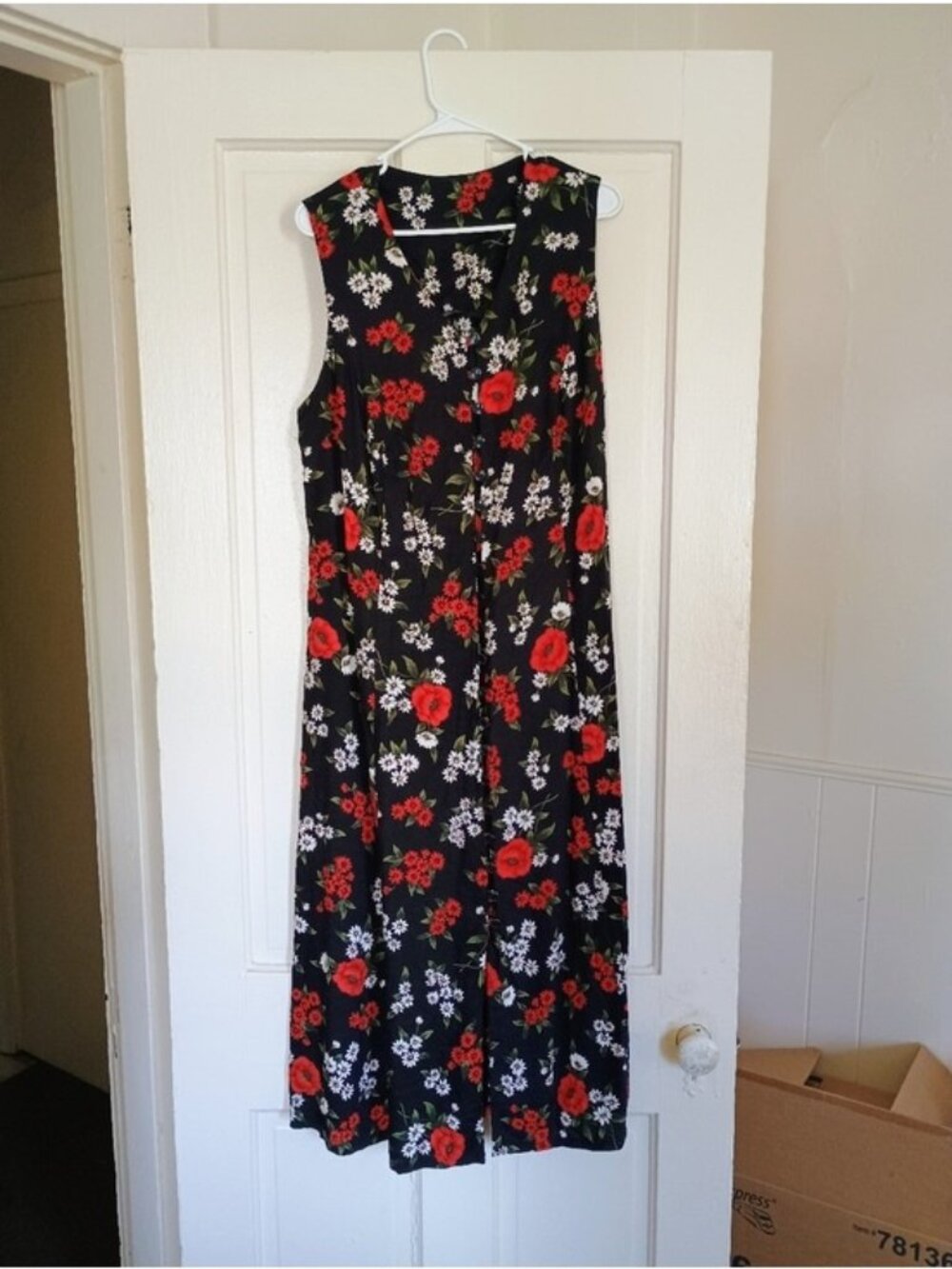 Vintage '90s Black Floral Midi Dress Grunge Whimsigoth Button Down Lace Up Back
